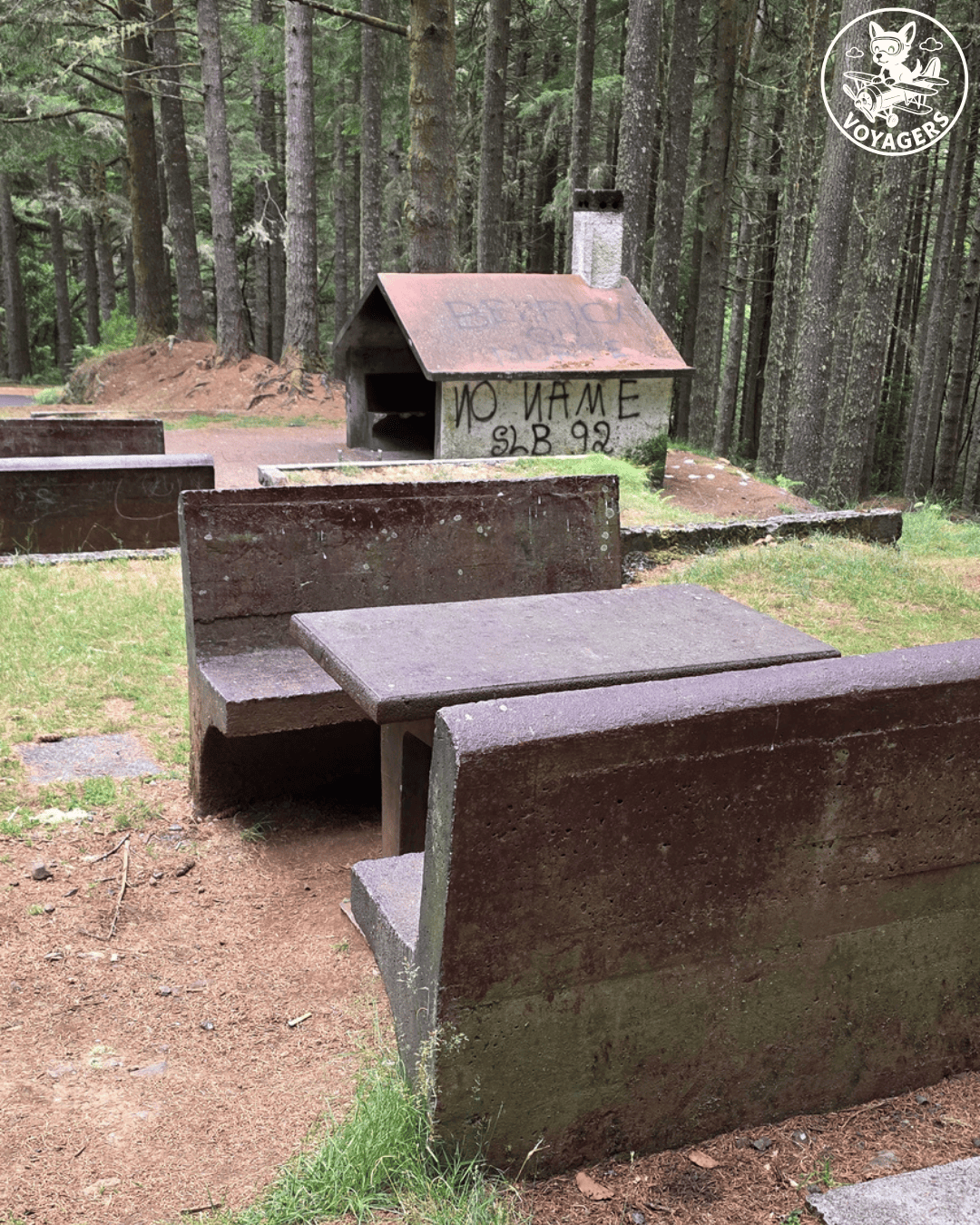 Tables et foyer de l'aire de barbecue de Ribeiro Frio au milieu de la forêt